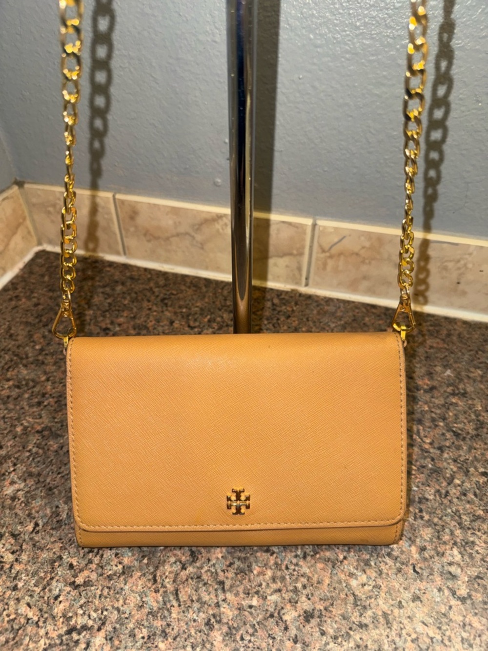 Tory Burch Camel Tan Leather Crossbody with Gold tone Chain